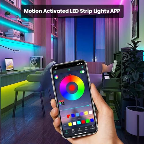 Image of Motion Sensor LED Cabinet Strip Light for Home 5M USB Closet Lamp Adhesive, App Control, Dimmable, Timer & Auto-Off, 7 Static & 4 Dynamic Modes Night Light with Sensor for Stairs, Kitchen, Wardrobe