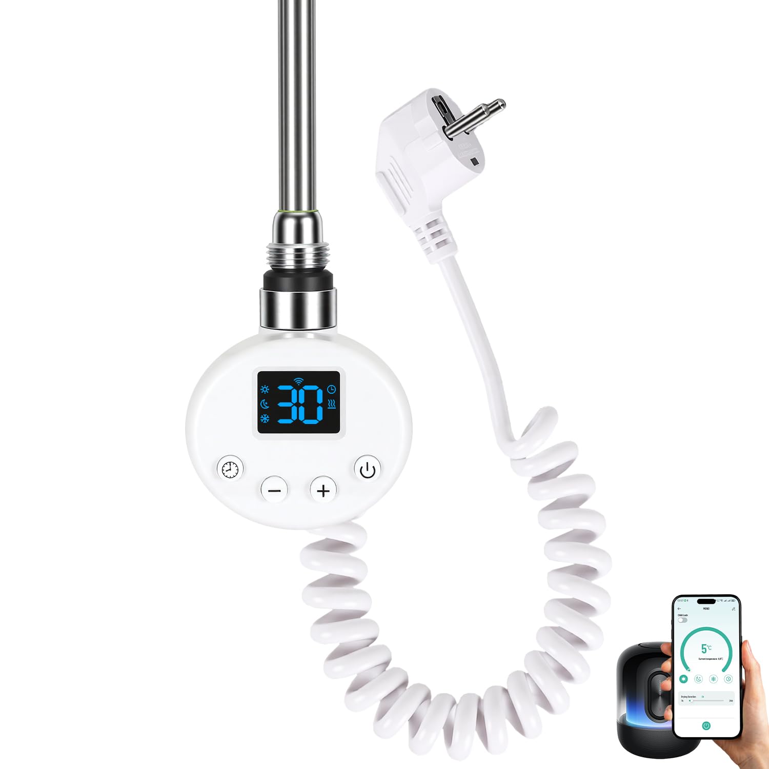 WiFi Heizstab 600W Weiß für Badheizkörper, 4 Heizmodi