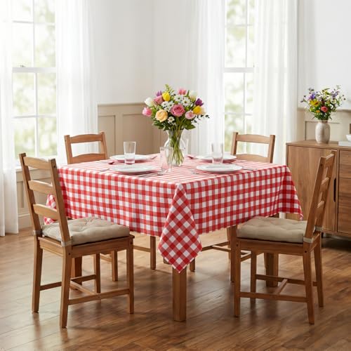 Image of sancua Checkered Vinyl Square Tablecloth - 54 x 54 Inch - 100% Waterproof Oil Proof Spill Proof PVC Table Cloth, Wipe Clean Table Cover for Dining Tables, Buffet Parties and Camping, Red and White