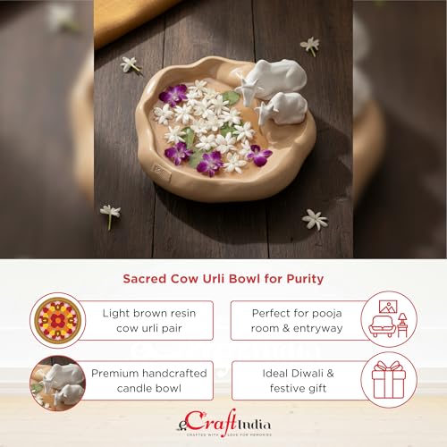 Image of eCraftIndia Pair of Cow Statue Urli Bowl for Home Decoration Office Tv Unit (Resin Light Brown) Showpiece for Good Luck Urli for Floating Candles Flowers.