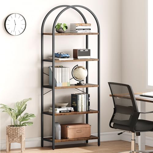 IDEALHOUSE Bookshelf 5 Tier Bookcase Arched Display Racks Tall Standing Bookshelves Metal Frame Modern Storage Rack Shelf Large Wood Book Shelf for Bedroom, Living Room, Home Office