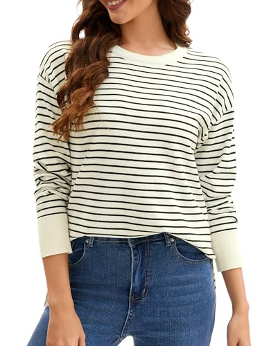 Womens Striped Sweater Side Slits Knit Long Sleeve Crew Neck Oversized Pullover Tops Fall Casual Outfits