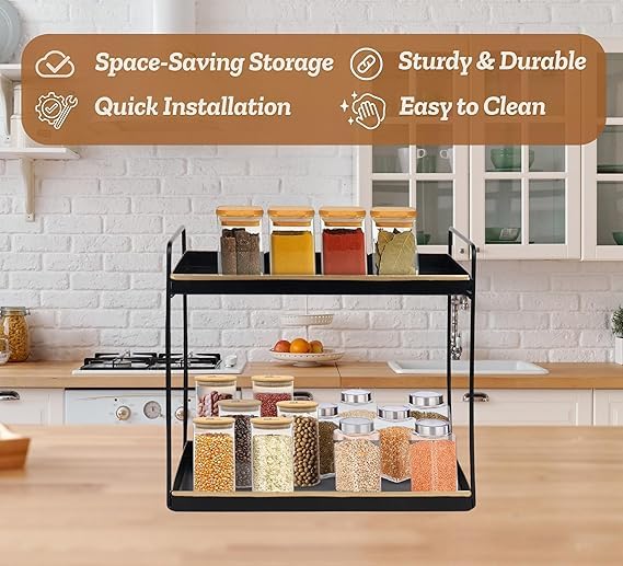 Image of Niyara Iron Metal Heavy Duty Stand 2-Tier multistorage /Multipurpose Standing Rack, Bathroom Countertop Storage Shelf Cosmetic Organizer Holder Kitchen Spice Rack, (Square Black with Gold)