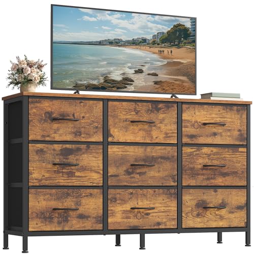 SONGMICS BELLAH Collection - Dresser for Bedroom TV Stand for TVs Up to 55 Inches Chest of Drawers for Living Room Closet Steel 9 Drawers Industrial Rustic Brown and Ink Black ULGS033KD02S