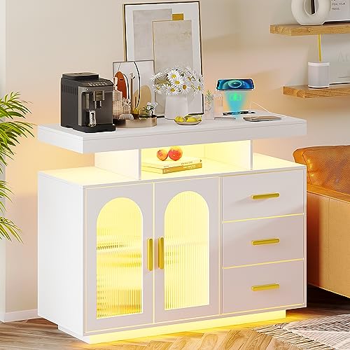 Figbird Buffetschrank Sideboard küche Weiss, Vorratsschrank TV Sideboard Mit Kabelloser Ladestation, Automatischem Sensor RGB 20-Farben Dimmbares Mehrzweckschrank