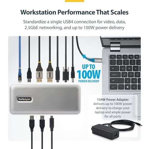 Image of StarTech Driverless USB4 Dock, Dual 4K 144Hz for Mac and Windows, 100W | Universal USB-C dock, M4 and M5 MacBook, Plug-and-play, Single 8K 60Hz DisplayPort, 2.5GbE, Lock slot