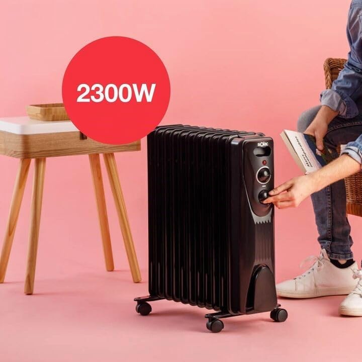 Solac - Radiador Eléctrico de Aceite 2300W | 11 Módulos | Bajo Consumo | Hasta 23m² | 3 Niveles | Termostato regulable | Sistema de Seguridad Protección Sobrecalentamiento | Calefactor | Negro
