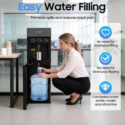 Image of Bottom Loading Water Cooler Dispenser for 3 or 5 Gallon Bottles,3 Temperature(Hot,Cold & Room),Stainless Steel Water Machine with Child Safety Lock,Empty Bottle Alert,for Home Office