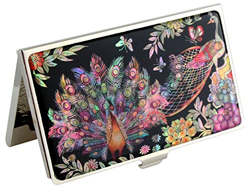 Mother of Pearl Design RFID Blocking Protection Business Card Case, Credit Card Holder, Metal Name Card Case, Stainless Steel Engraved Slim Purse Pocket Cash Money Wallet (Peacock)
