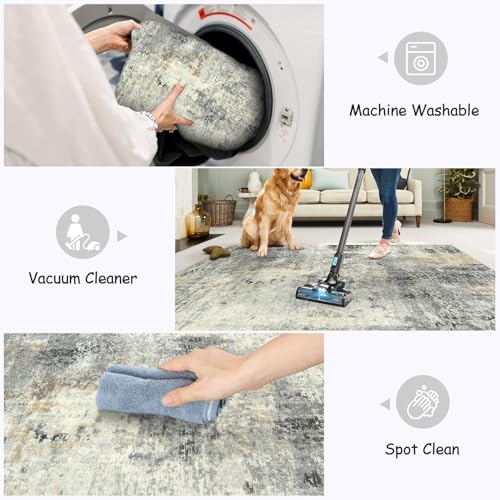Lahome Modern Abstract Living Room Rug, Grey Washable Rugs 8x10 Area Rugs for Bedroom Stain Resistant Non Slip, Large Soft Indoor Accent Carpet for Dining Room Table Home Office Decor