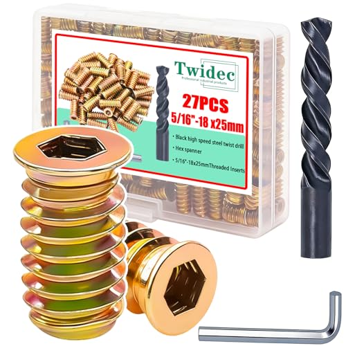 Twidec/27PCS 5/16"-18 Threaded Inserts for Wood Furniture Screw-in Nut Wood Inserts Bolt Assortment Kit with M8 Hex Wrench (5/16"-18 x25mm)