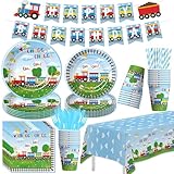 Suhelki Train Birthday Party Supplies, Chugga Choo Train Birthday Decorations, Paper Plates and Napkins Set for Kid's 1st 2nd 3rd, Cup, Cutlery, Straw, Banner, Tablecloth, 24 Guests