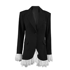 Women Lace Hem Blazer Long Sleeve Notched Lapel Jacket for Fall Party Date Evening Event