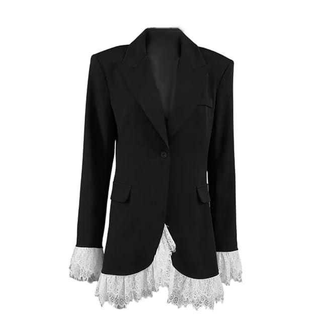 Women Lace Hem Blazer Long Sleeve Notched Lapel Jacket for Fall Party Date Evening Event
