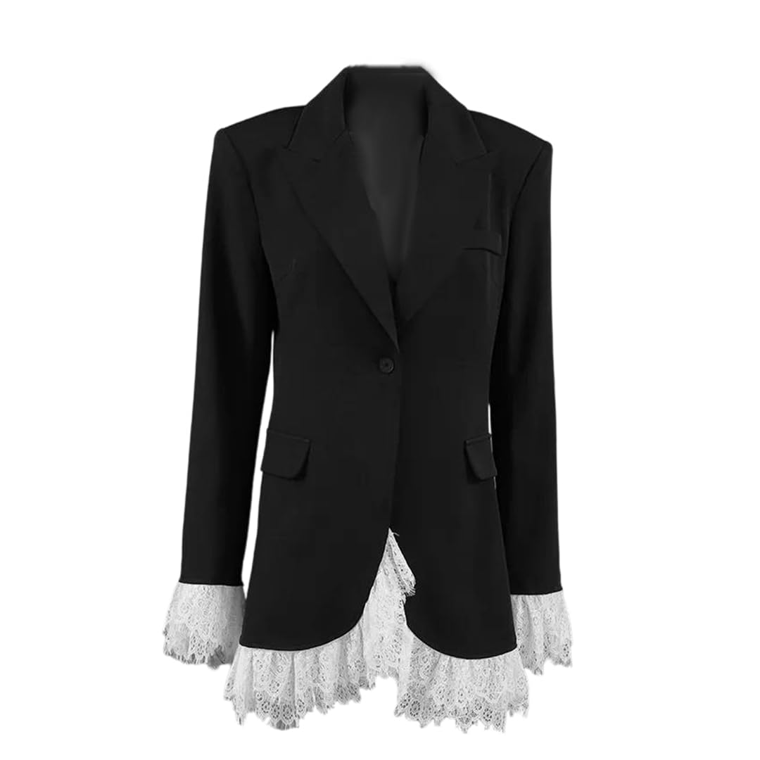 Women Lace Hem Blazer Long Sleeve Notched Lapel Jacket for Fall Party Date Evening Event