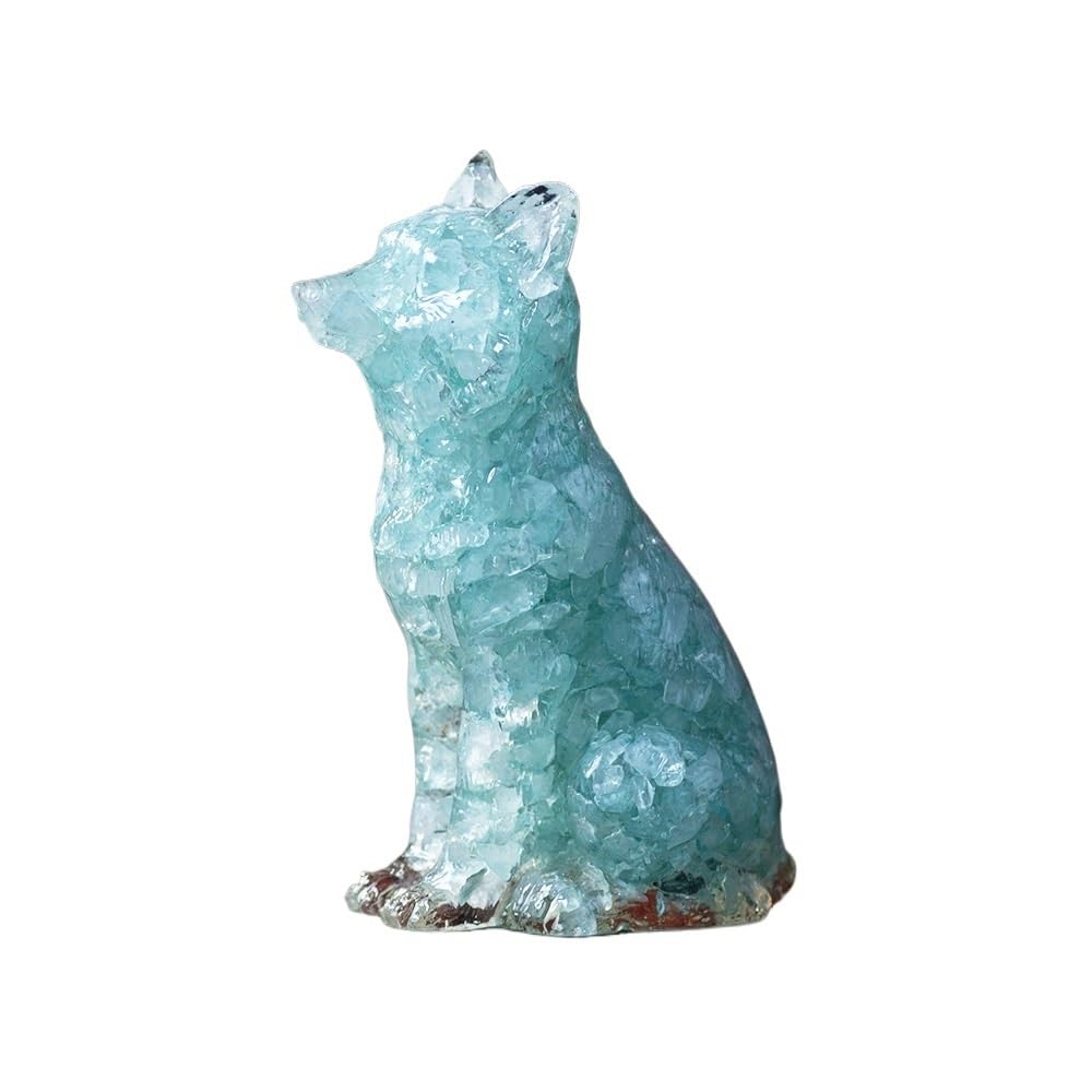HUFFA Natural Crystal Chips and Epoxy Resin Dog Figurine Decoration for Home, Office, and Living Room(Aquamarine)