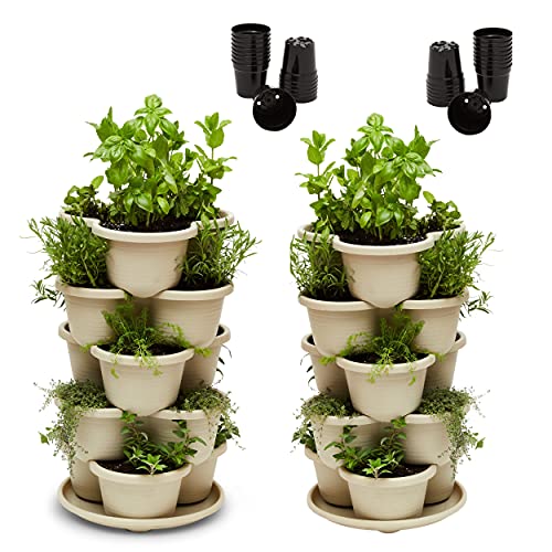 Trumilu Two Pack of Vertical Planters - Stackable Garden for Herbs, Edible Flowers, Succulents, Microgreens, Strawberries - Indoor/Outdoor, Porch Tower Garden, Hanging Planter with Starter Pots