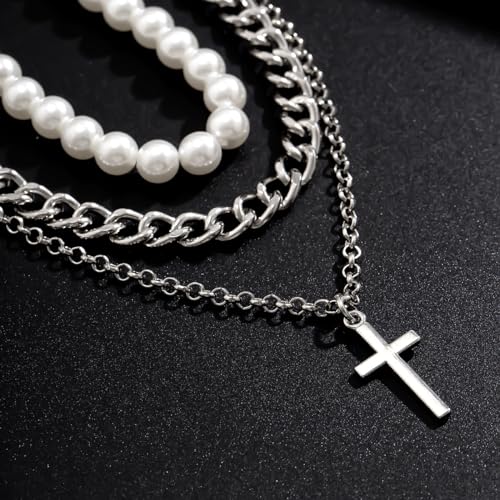 Pearl Necklace for Men Y2K Layered Cross Necklaces Mens Stainless Steel Chain Pearl Choker Compass Pendant 2/3PCS Necklaces Set for Men Women Jewelry for Father Boyfriend Husband3
