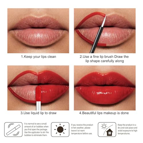 Image of evpct Bright Fire Red Shiny Longwear No-Budge Liquid Lip Color Lipstick Makeup, Highly Pigmented Color Instant Shine, Waterproof Long Lasting Lipstick Women Lip Stain Gloss with Lip Liner Brush, 05#