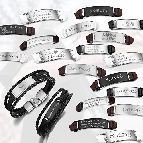 U7 Men Women Personalized Braided 3-Layer Leather Bracelet Engrave Text Bracelet Customizable Stainless Steel Id Bracelet #TOP3