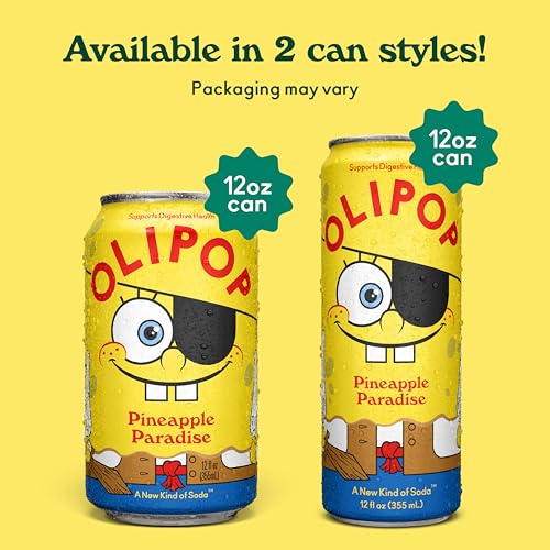 Image of OLIPOP Prebiotic Soda Pop, SpongeBob Pineapple Paradise, Pantry Pack Packed with Prebiotics, Fiber, and Botanicals, Gluten Free, GMO Free, 12oz Skinny (12-Cans) (Packaging May Vary)
