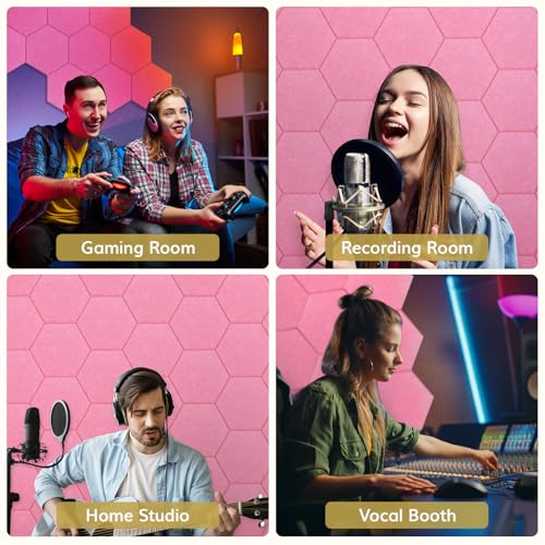 Image of 12 Pack High Density Hexagon Acoustic Panels, TONOR 12 inchx 10 inchx 0.4 inch Soundproof Wall Panels, Sound Absorbing Panels for Interior Wall Decor, Peel and Stick Modern for Studio, Office, Home, Pink