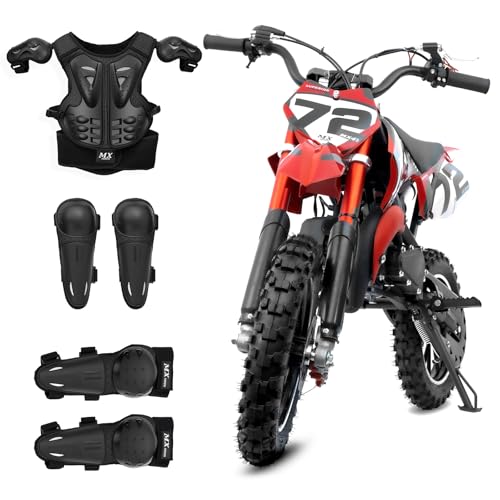 Image of Gas Dirt Bikes for Kids, 50cc 2 Stroke Kids Dirt Bike, 49cc Dirt Bike Up to 24 MPH Pull Start, Pit Bike for Boys Girls, Gas Dirt Bike Dual Disc Brake Inverted Fork Off Road Red with Armor Suit Set