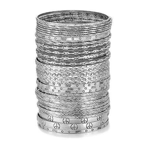 ENSOUL Peace Design Antique Silver Color Flower Mixed Metal Aztec African Indian Vintage Multi Girls&Women Bangles Set of 33