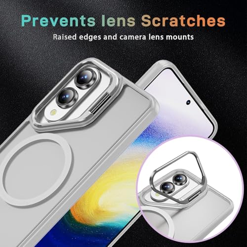Image of Elzzi Magsafe Compatible case for Samsung Galaxy S25 Edge 5g Case Compatible with Wireless Charging, with Camera Stand, Military Grade Drop Tested, Translucent Hard Back Soft Edge Back Cover - White
