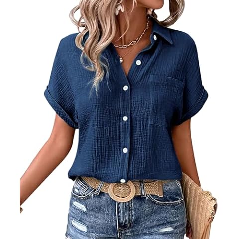 MAGIMODAC Womens Cotton Button Down Shirt Rolled Cuffed Short Sleeve Blouse Ladies Summer Casual V Neck Beach Cotton Tops Navy Blue M Cover