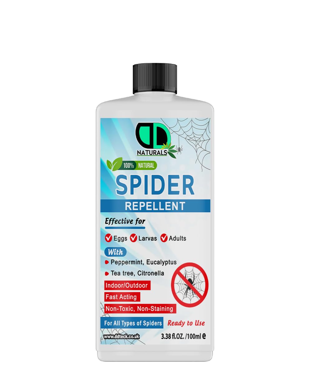 DD Teck 100% Natural Spider Repellent – Peppermint Oil Formula, Safely Deters Spiders, Prevents Web-Building, Pet Safe, Non-Staining, for Indoor & Outdoor Use (100ml)