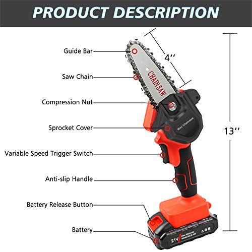 Mini Chainsaw, 4'' Cordless Electric Portable Chain Saw, Handheld Pruning Shears Chainsaw for Tree Branch Wood Cutting Trimming (21V Rechargeable Battery )