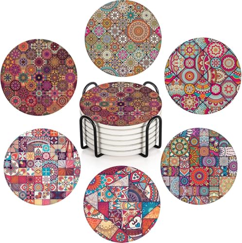 Image of Coaster for Drinks Set of 6, Vintage Ottoman Flower Mexican Mandala Table Absorbent Round Wood Stone Mat, with Cork Base and Metal Holder, Gift for Housewarming Room Bar Decor