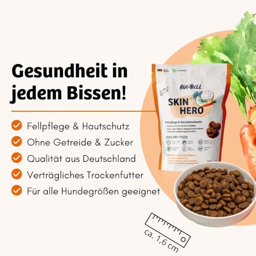 BugBell 800g Premium Trockenfutter, für Fellpflege & Parasitenabwehr, mit Karotte, Schwarzkümmelöl, Kokosöl, Zistrosenkraut & Rosmarinpulver