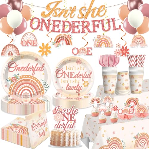 Yingoto 193pcs Isnt She Onederful Birthday Decorations Tableware Complete Party Set Isnt She Lovely Isnt She Onederful First Birthday Decorations Serves 25 Guests for Little Miss 1st Party Girl