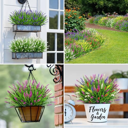 Image of Bassion 24 Bundles Fake Lavender Artificial Flowers for Outdoors, Mixed | UV resistant, plastic lavender with monkey grass, faux plants, home porch garden window box outdoor indoor decorations