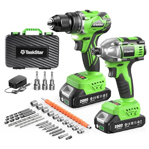 Taskstar 21V Cordless Drill & Impact Driver Combo Kit, Brushless Power Tools with 2× 2.0Ah Batteries & Fast Charger, 42-Piece Accessory Kit with Carrying Case for DIY and Home Improvement