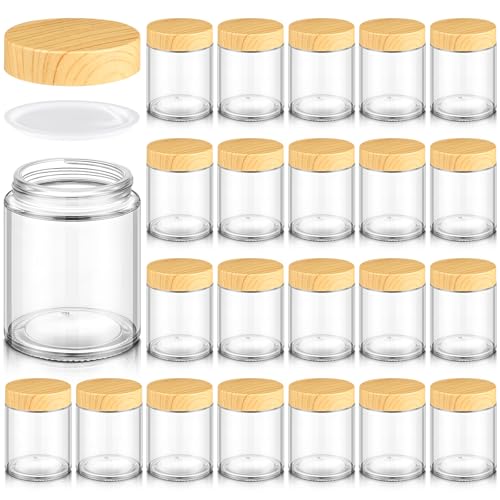 Norme 24 Pcs 6oz Glass Jars with Lids Empty Small Glass Containers and Inner Liners Reusable Cosmetic Jars Round Airtight Bottles with Plastic Wood Grain Lids for Travel