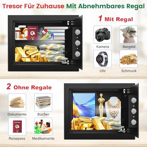 Tiskgg Fingerabdruck Tresor für Zuhause mit Feuerfester Tasche, 25L Safe Tresor Fingerabdruck mit Abnehmbares Regal und Dualer Alarmmodus, Digitaler Möbeltresor für Geld Medikamente Dokumente