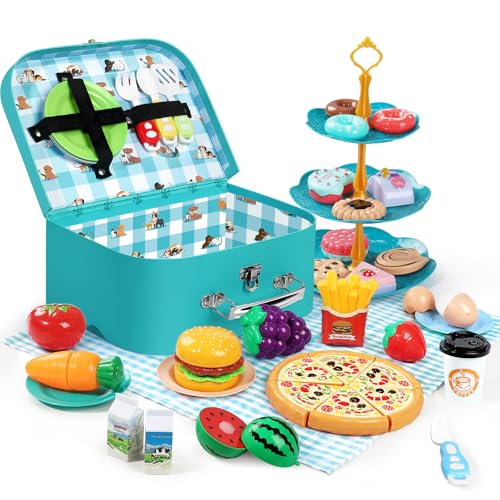 Image of Kids Picnic Basket, Toy Food for Toddlers 1-3, Play Food Sets for Kids Kitchen Role Playset with Carry Case Fake Food Fruit Play Kitchen Accessories, Birthday for Toddler Girls Boys