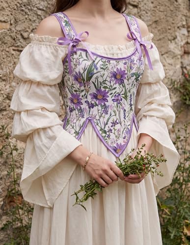 Image of SCARLET DARKNESS Corset Tops for Women Renaissance Costume Floral Lace Up Boned Bustier with Zip