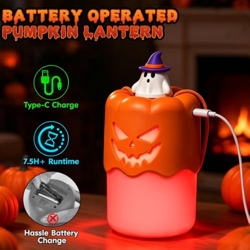 Rechargeable Halloween Pumpkin Lantern Lights LED JackoLantern with Lanyard - Image 3
