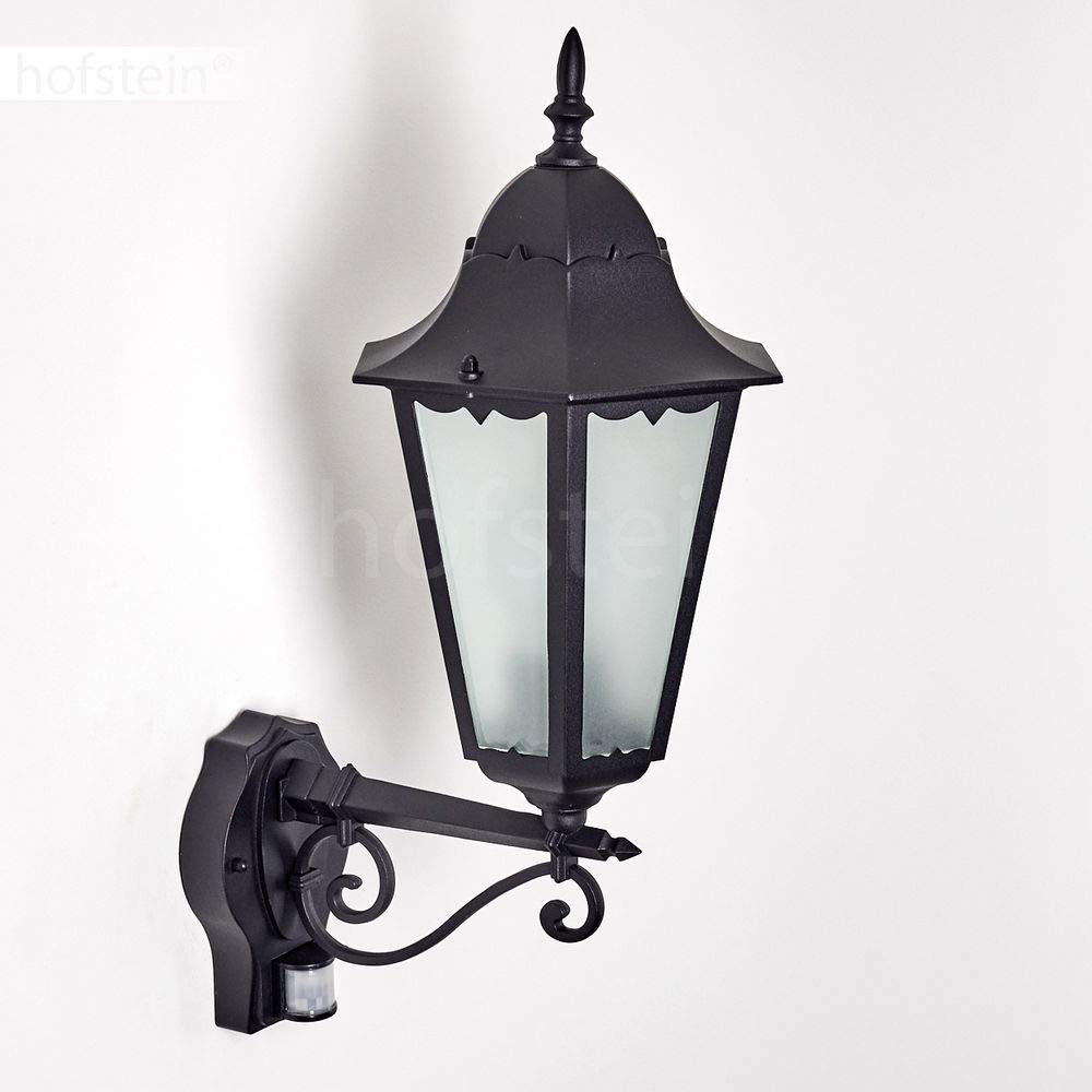 HOFSTEIN Außenwandleuchte Hongkong FROST, Außenwandlampe mit Bewegungsmelder aus Metall/Milchglas in Schwarz, Wechselscheiben Klar, Wandleuchte Up im Retro-Stil, E27, IP44, Eingangsbereich, Haustür