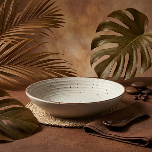 Image of miah decor Stoneware Serving Bowl (950 ml) | 22.8 cm Ceramic Pasta Bowl | Microwave Safe | Handmade Matte Finish Shallow Bowl for Salad, Noodles, Maggi & Soup