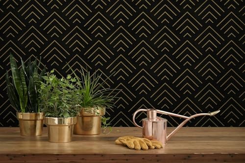 Image of TEKCOOL Self Adhesive Wallpaper Black and Gold Pattern Peel and Stick Wallpaper Gold Lines Geometric Sticky Back Vinyl Removable Contact Paper Wall Covering Decorative Film DIY 45x300cm (Black-4pc);