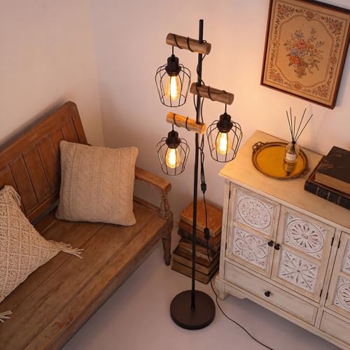 Lampadaire industriel 3 feux avec douille E27 et finitions bois rustique - 3