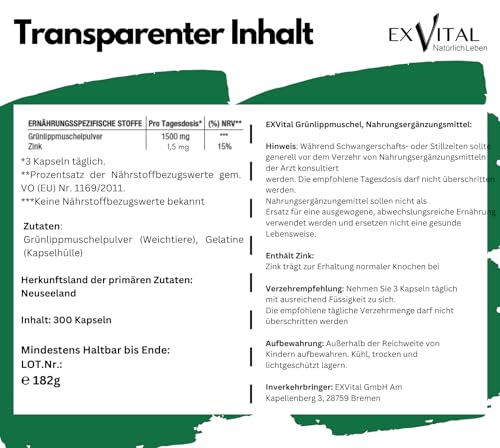 Grünlippmuschel 300 Kapseln- hoch konzentriert von EXVital, 300 Kapseln in Deutscher Premiumqualität, kein Magnesiumstearat, ApoTest: Sehr Gut
