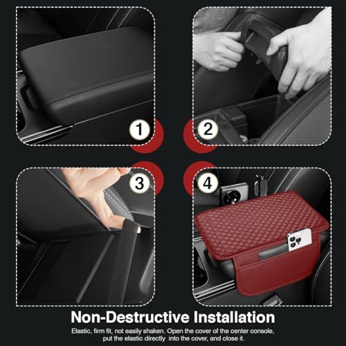 Image of Lyrovo PU Leather Car Armrest Cushion Pad With Side Pockets, Universal Fit for All Car (Maroon)