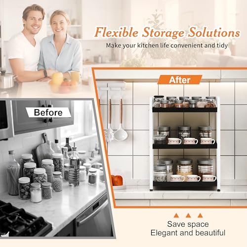 Image of Livzing Metal 3 Tier Spice Rack for Kitchen Space Saving Countertop Storage Racks Cosmetics Organizer Kitchen Shelf Bathroom Organizer Stand Multipurpose Tiered Shelves With Plastic Hooks - White