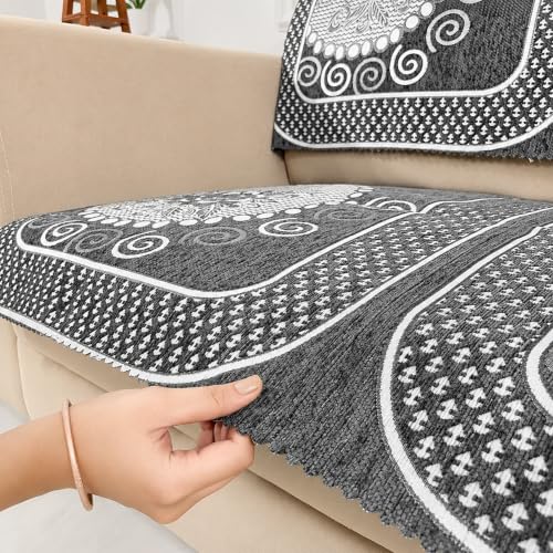 Image of Homerz Premium Chenille Fabric Sofa Cover | Soft, Durable & Dustproof | Decorative Couch Cover (Solitaire Grey, 2 Seater, Seat Cover with Backrest)